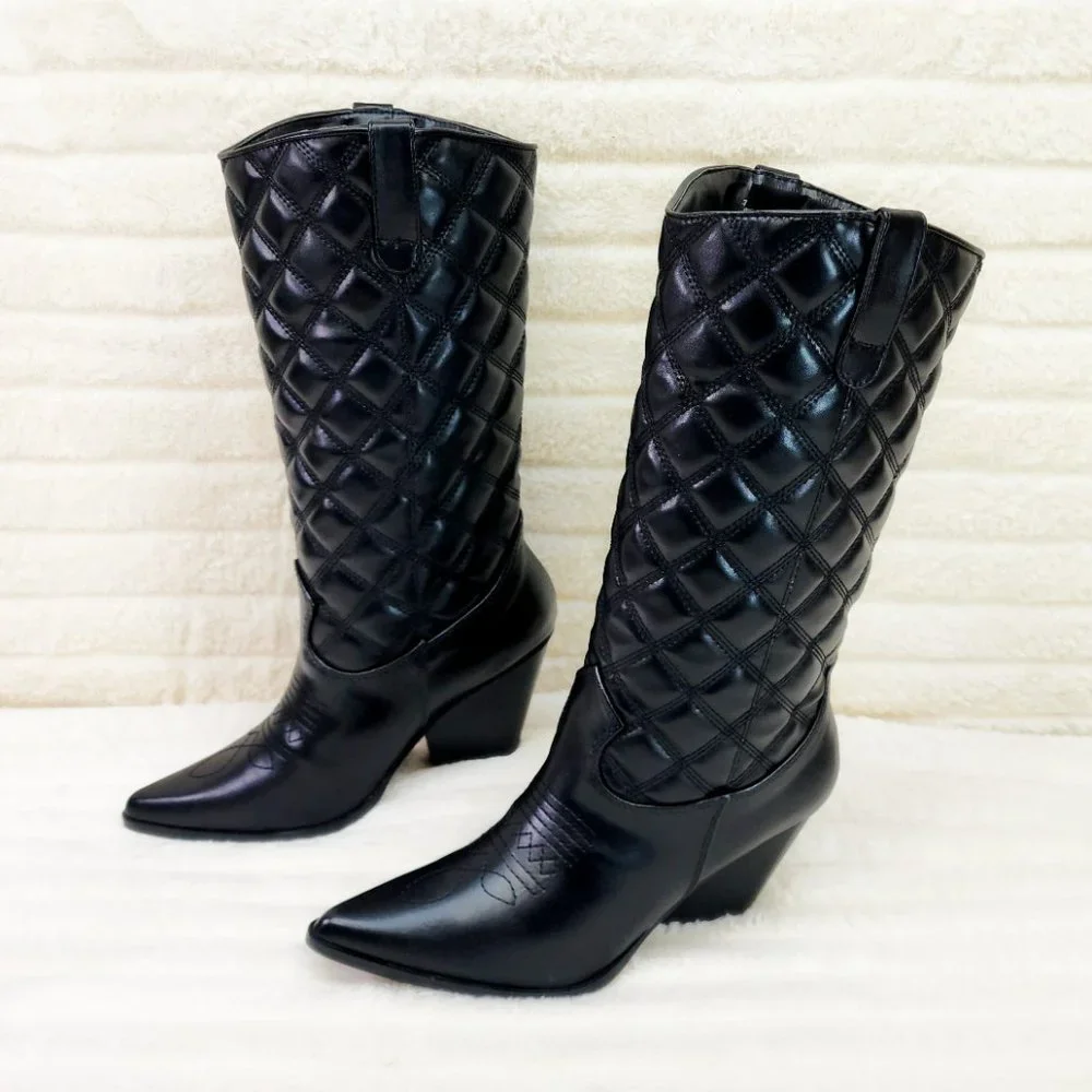 Bells Quilted Faux Leather Western Mid Calf Cowgirl Boots Black_8